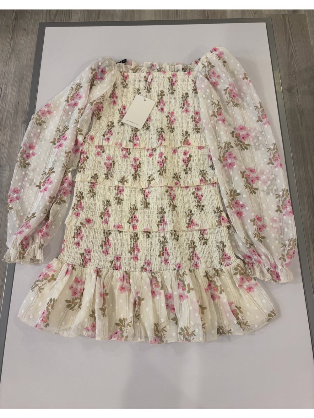 Katie J NYC Cream Floral Smocked Dress with Pink Flowers